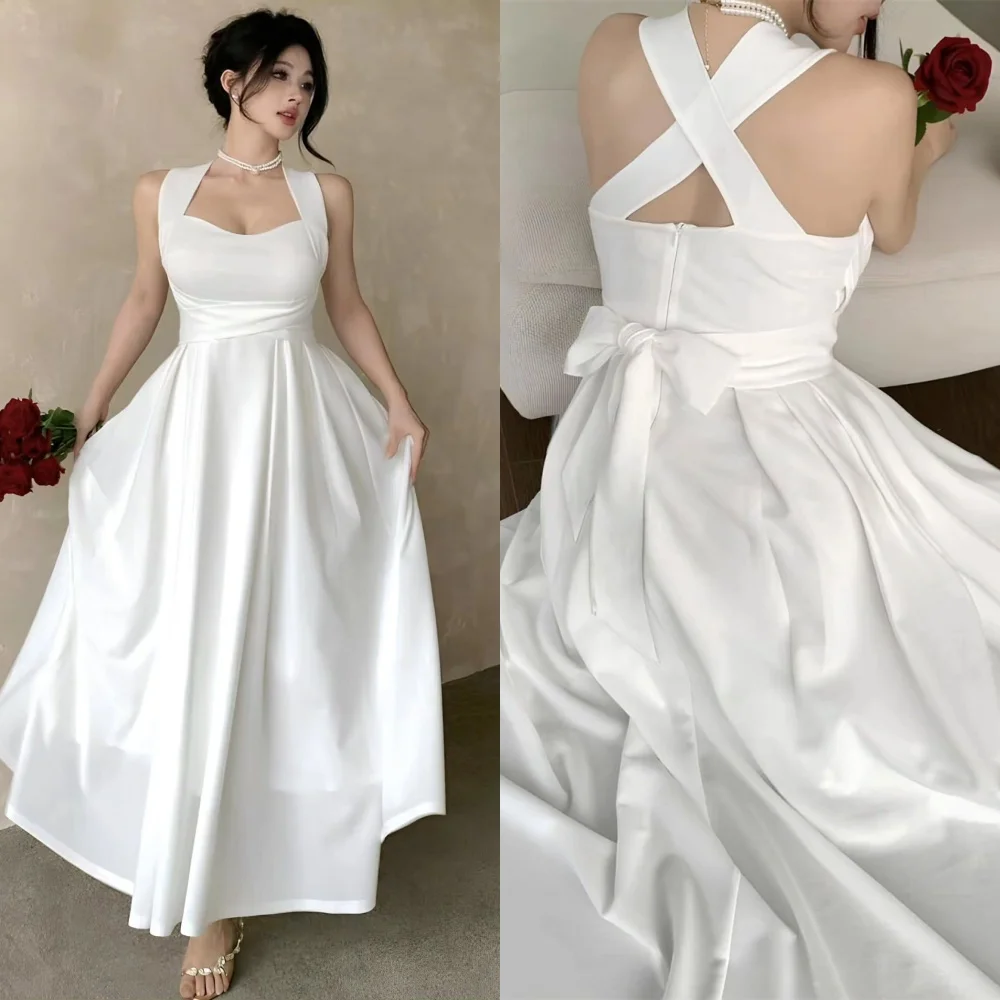 Vestido de fiesta de satén marfil personalizado de alta calidad elegante/gracioso cuello cuadrado tirantes finos con cordones en la espalda bata de noche