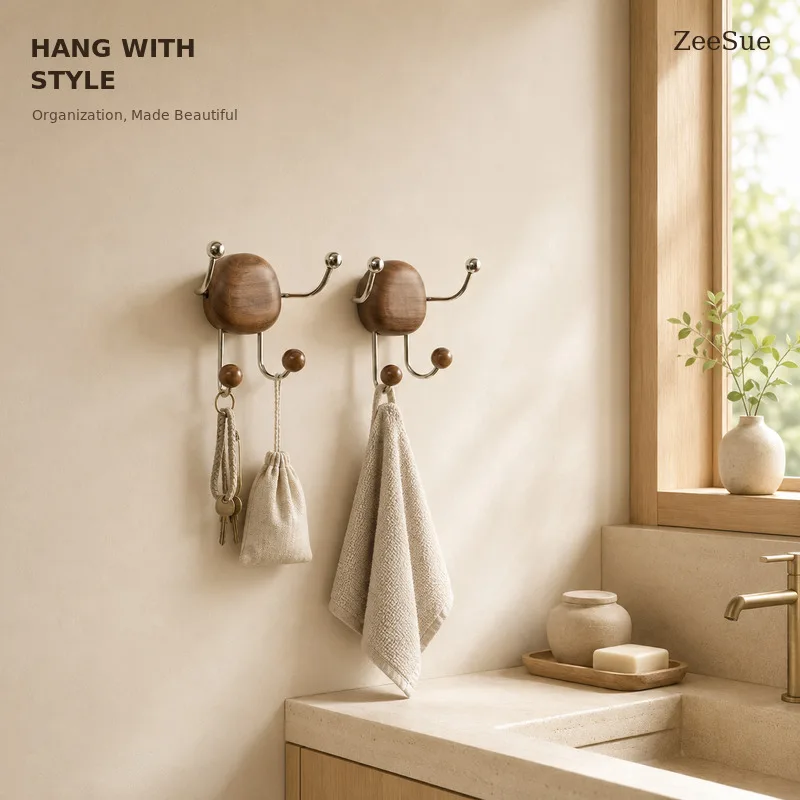 Wood and Metal Multi-Hook Wall Hanger, Decorative Towel, Key and Coat Hook for Bathroom, Entryway and Bedroom