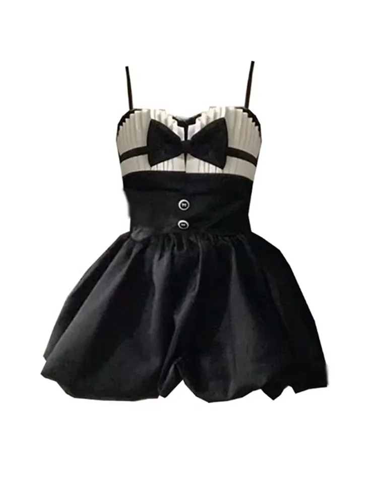 Women Black Spaghetti Strap Dress Fashion Gyaru Off Shoulder Kawaii Bow Lolita Dress Sleeveless Sexy Streetwear Clubwear Gothic