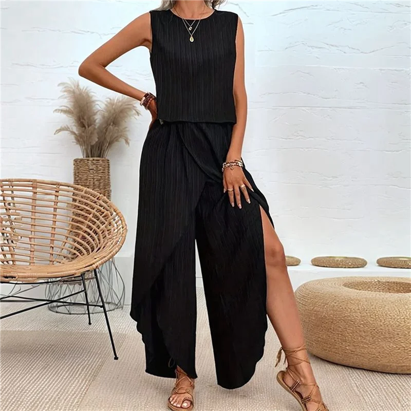 【SEE】Damen-Sommer-2-teilige Outfits, ärmelloses Tank-Top, passende Hosen-Sets mit weitem Bein, gestreifte Trainingsanzüge, Urlaub, Strand, 2025