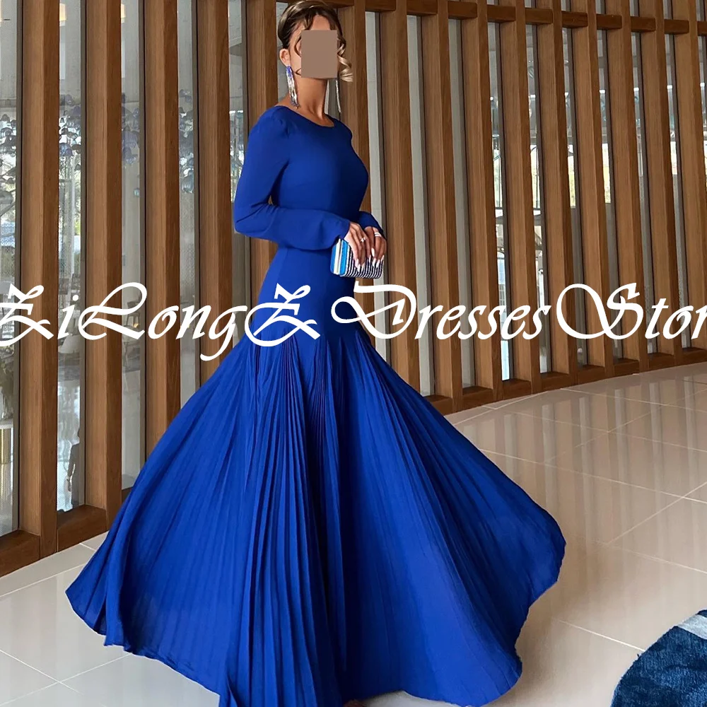 Classic Celebrity Dress Scoop Long Sleeve Zipper Back Pleats Straight Solid Blue Ankle Length Dresses For Formal Occasions