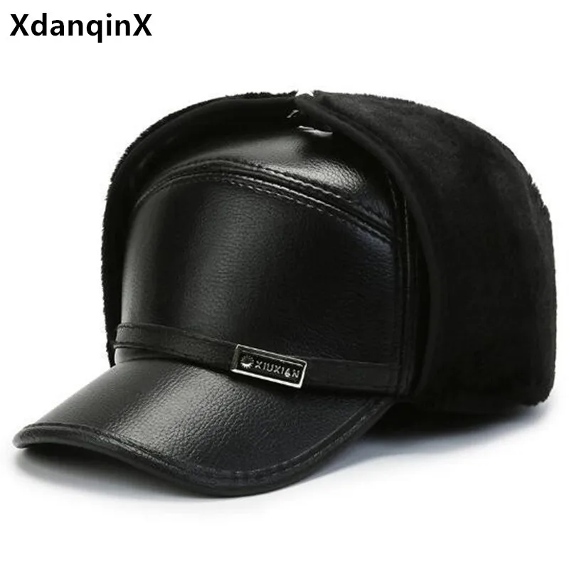 

2024 New Winter Warm Caps For Men Plush Thickened Bomber Hats PU Faux Leather Cap Coldproof Earmuffs Hat Cycling Sports Golf Cap