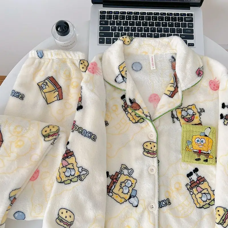2026 Cartoon SpongeBob Pajamas Coral Velvet Sleepwear for Men and Women Warm Sweet Home Clothes Long Sleeve Set Girl's Gift Toys