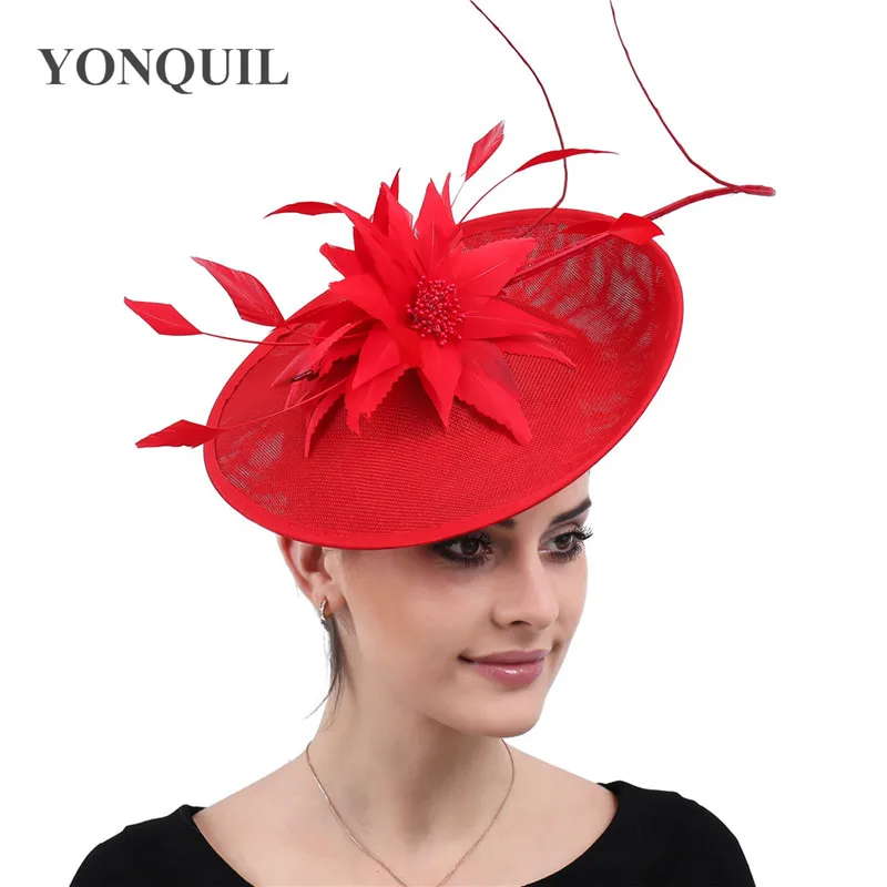 Elegant Feathers Fascinators Women Formal Champagne Chapeau Pillbox Caps Mariage Imitation Sinamay Ladies Headband Accessories