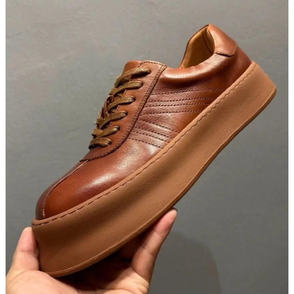 Caramel Brown Burnished Leather Platform Sneakers, vintage style with thick sole