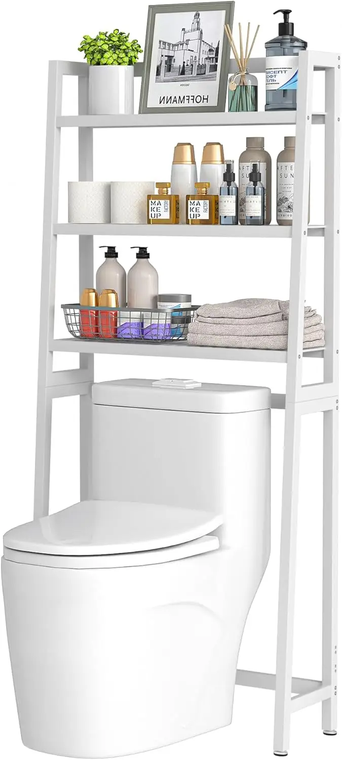 

Over The Toilet Storage,Bamboo 3-Tier Bathroom Organizer Over Toilet Storage Cabinet,Freestanding Space Saver with 3 Hooks Wh