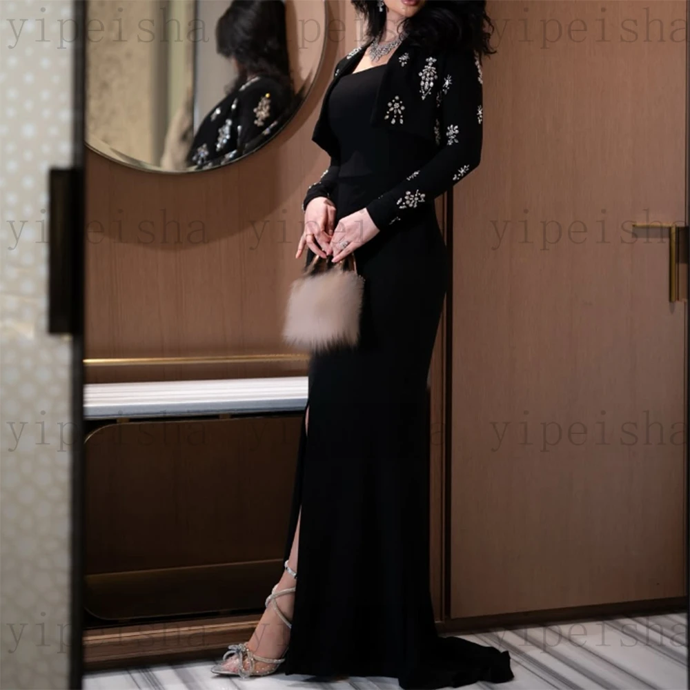 

Customized Modern Black Evening Dresses Front Split Beading geometric scheme Long Formal Prom Gown with long-sleeved jacket
