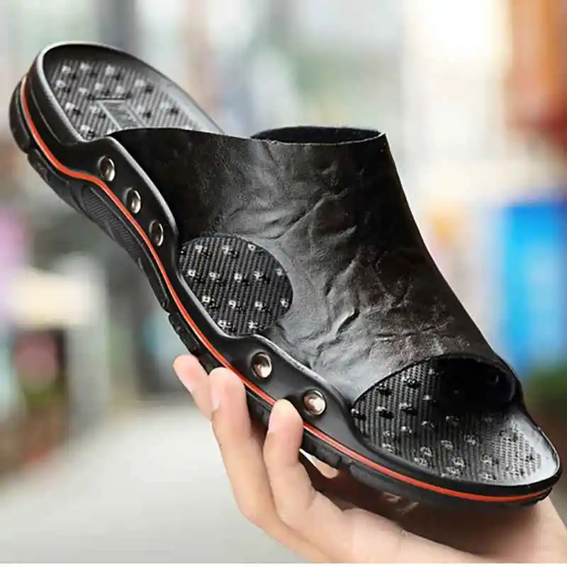 

Original High Quality Mens Split Leather Classic Summer Men Soft Black Slippers Lightweight Slides Designer Comfortable Sandals