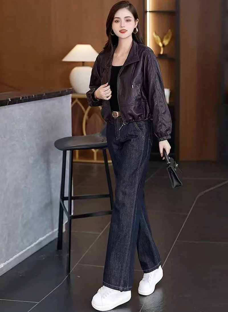 Chic Black Women Faux Leather Jacket Zip Up Lapel Collar Drawstring Hem Loose Oversized Pockets Streetwear Moto Outerwear Top