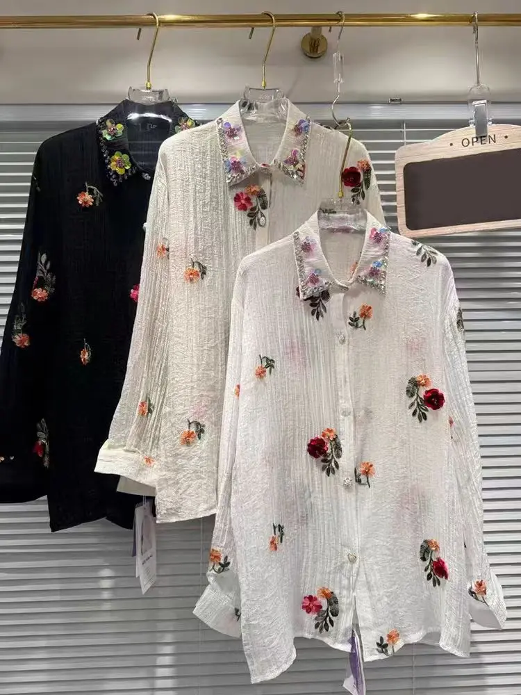

New In Embroidery Sequins Stitch Button Up Blouses Shirts Women's Long Sleeve Mid-Length Black White Shirt Top Summer Spring