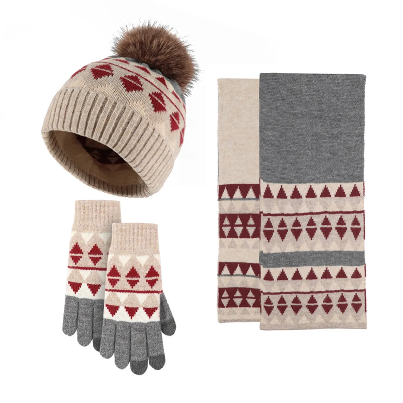 

Snowflake Knitted Gloves Scarf Hat Three Piece Set Winter Thickened Wool Warm and Coldproof Ball Beanie Scarf Three Piece Set