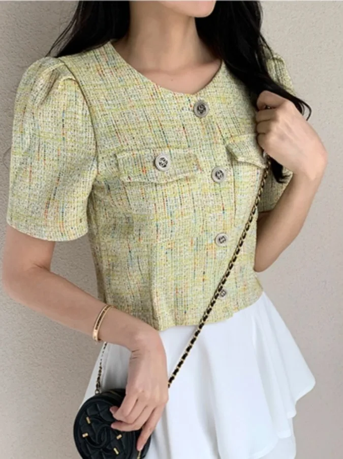 

Chic Summer Lightweight Wool Blend ort Coat Women's round Ne Double ket Design Loose Fit Faionable Commute Sle