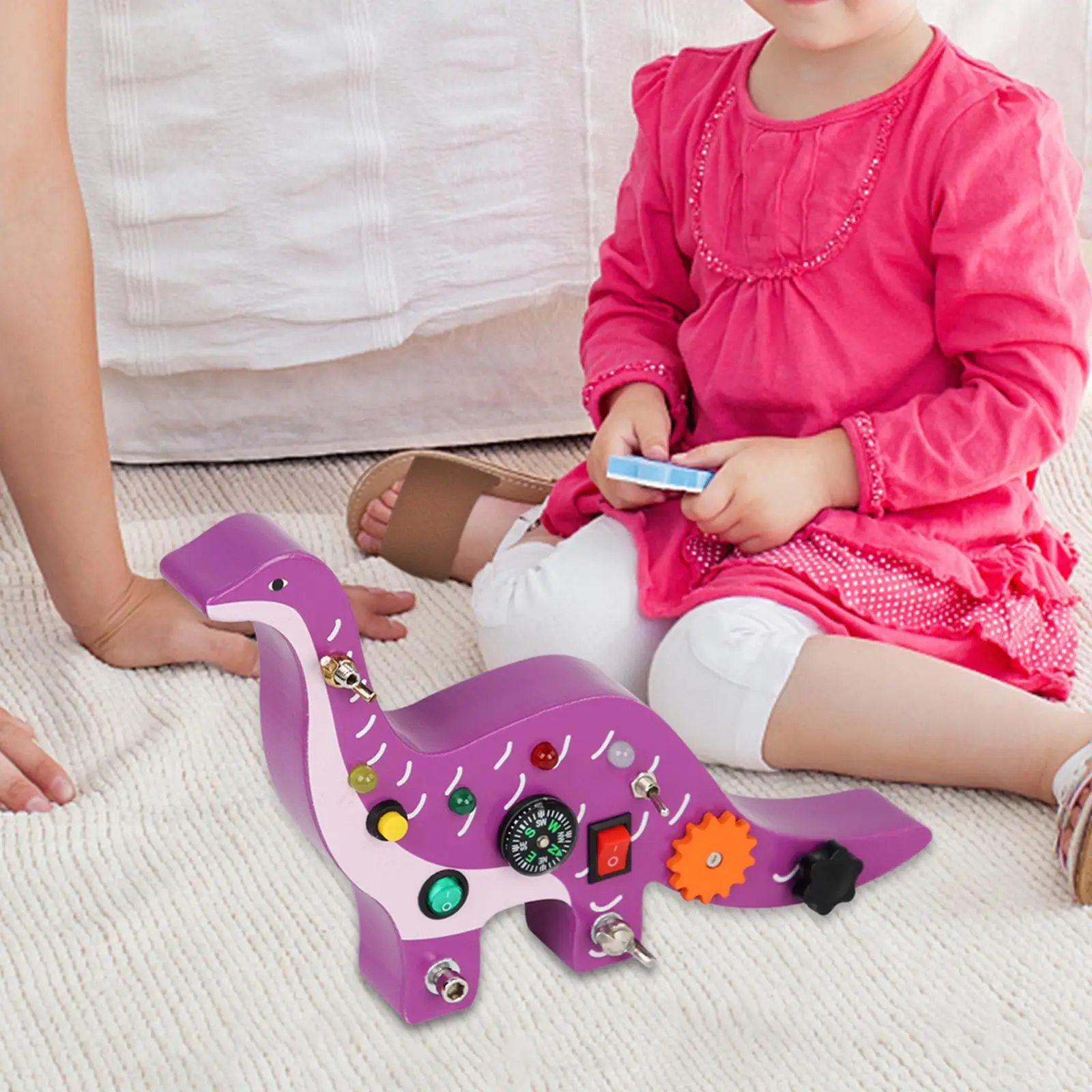 Wooden Busy Board with LED Light Dinosaur Teaching Tool Fine Motor Skill Life Skill Light Switch Toy Boy and Girls Preschool