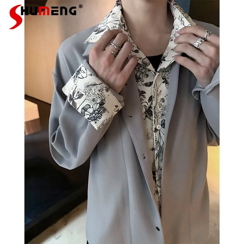 

2025 Summer New Fashion High-end Tops Male Flower Print Splicing Faux Two-piece Shirts Men's Single-breasted Multi-button Shirts