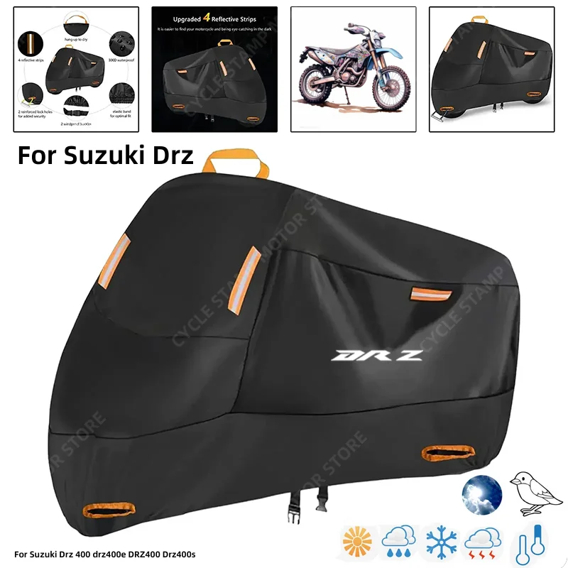 

Waterproof Motorcycle Cover For Suzuki Drz 400 drz400e DRZ400 Drz400s Outdoor Protection Against Rain Dust Debris Weather 210D