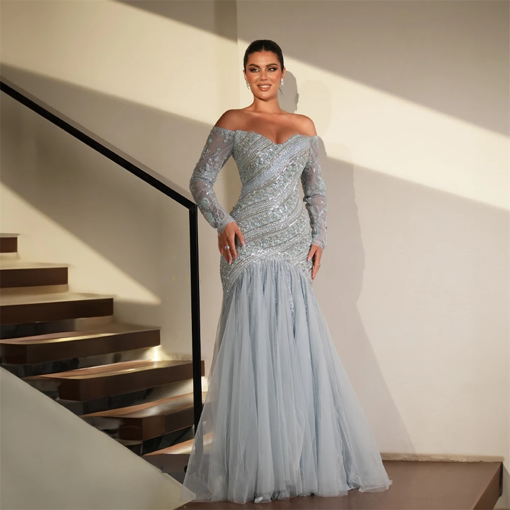 

Customized Formal Tulle Evening Dresses Fashion Off the Shoulder Long Sleeves Homecoming Dresses Sweep Train Vestido De Festa