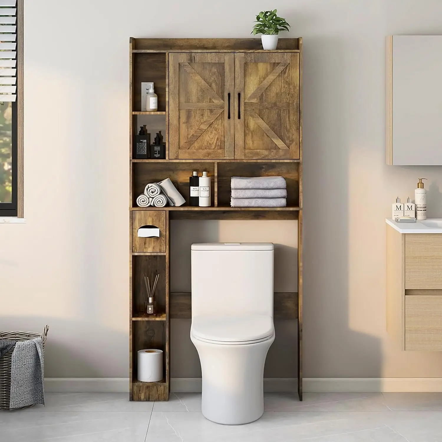 

Over The Toilet Storage Cabinet, Farmhouse Storage Cabinet Over Toilet With 2 Barn Door & Toilet Paper Holder Stand，Home