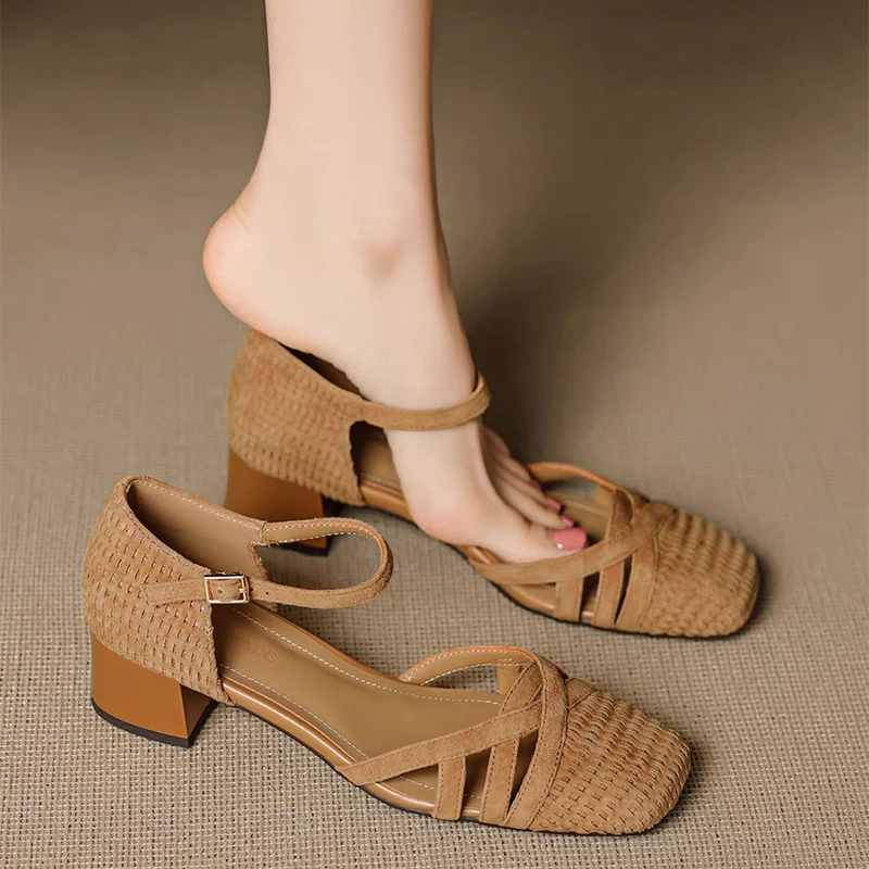 Retro Weave High Heel Sandals Women 2025 Summer Square Toe Ankle Strap Beach Shoes Roman Closed Toe Square Heels Casual Shoes view 3