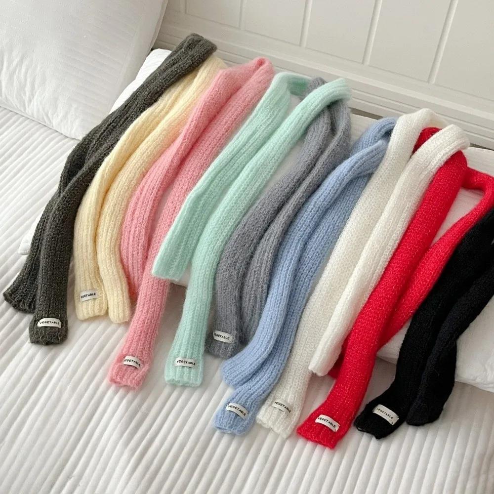 귀여운 단색 긴 좁은 스카프 한국 스타일 Y2K 니트 스카프 따뜻하게 유지 리본 달콤한 스카프 스트리트웨어