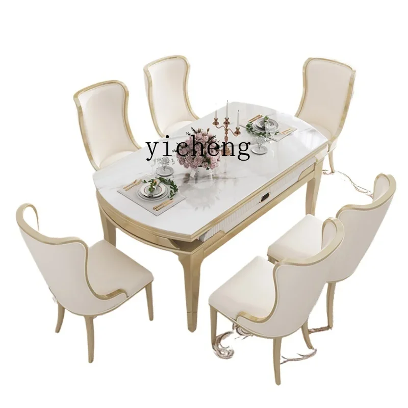 

ZZ ZF Stone Plate Dining Table Square and round Dual-Use Retractable Folding Solid Wood Dining Table Cream Style