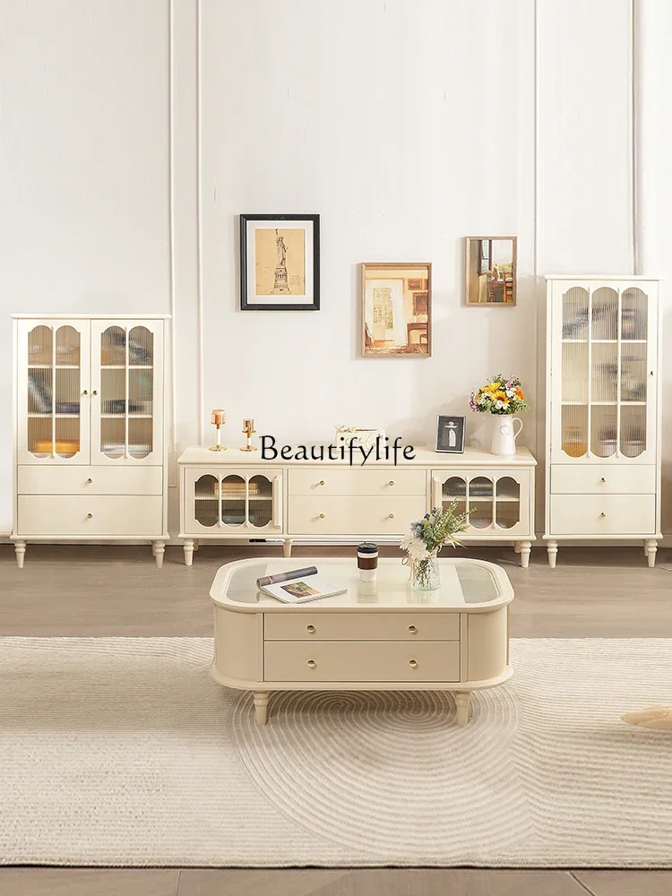 

yj7 French Cream Style TV Cabinet Small Apartment Living Room Solid Wood White American Style Floor Cabinet