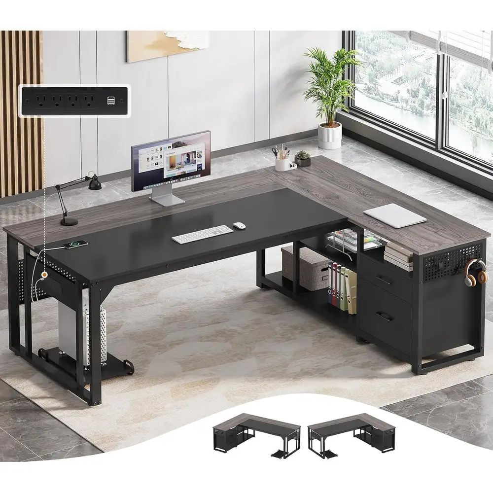 

71-inch L-Shaped Desk with Power Outlets, Storage Shelves, and Pegboard for Large Office Spaces in Grey