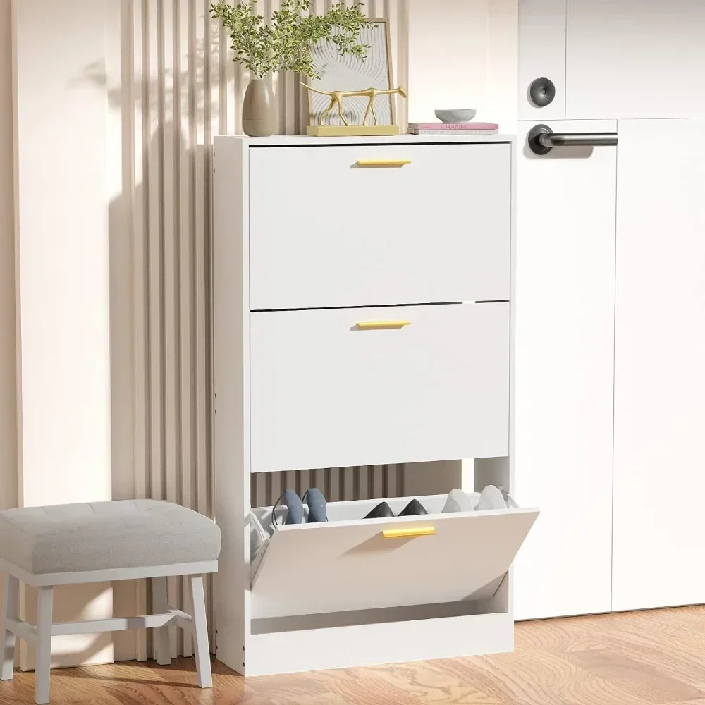 

3 Flip Drawers Shoe Cabinet, Freestanding Shoes Rack, Shoes Storage Cupboard Organizer Shoe Organizer, White