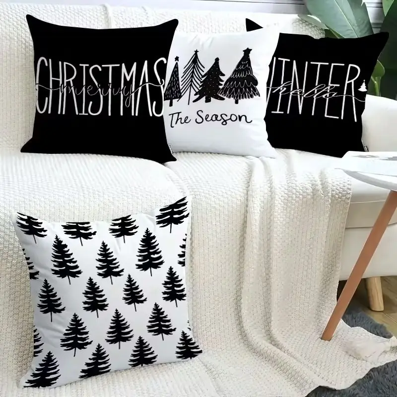 VIKAMA 4Pcs Black Christmas Pillow Covers Snowman Reindeer Merry Christmas Slogan Print Cushion Cases Sofa Decor Without Insert