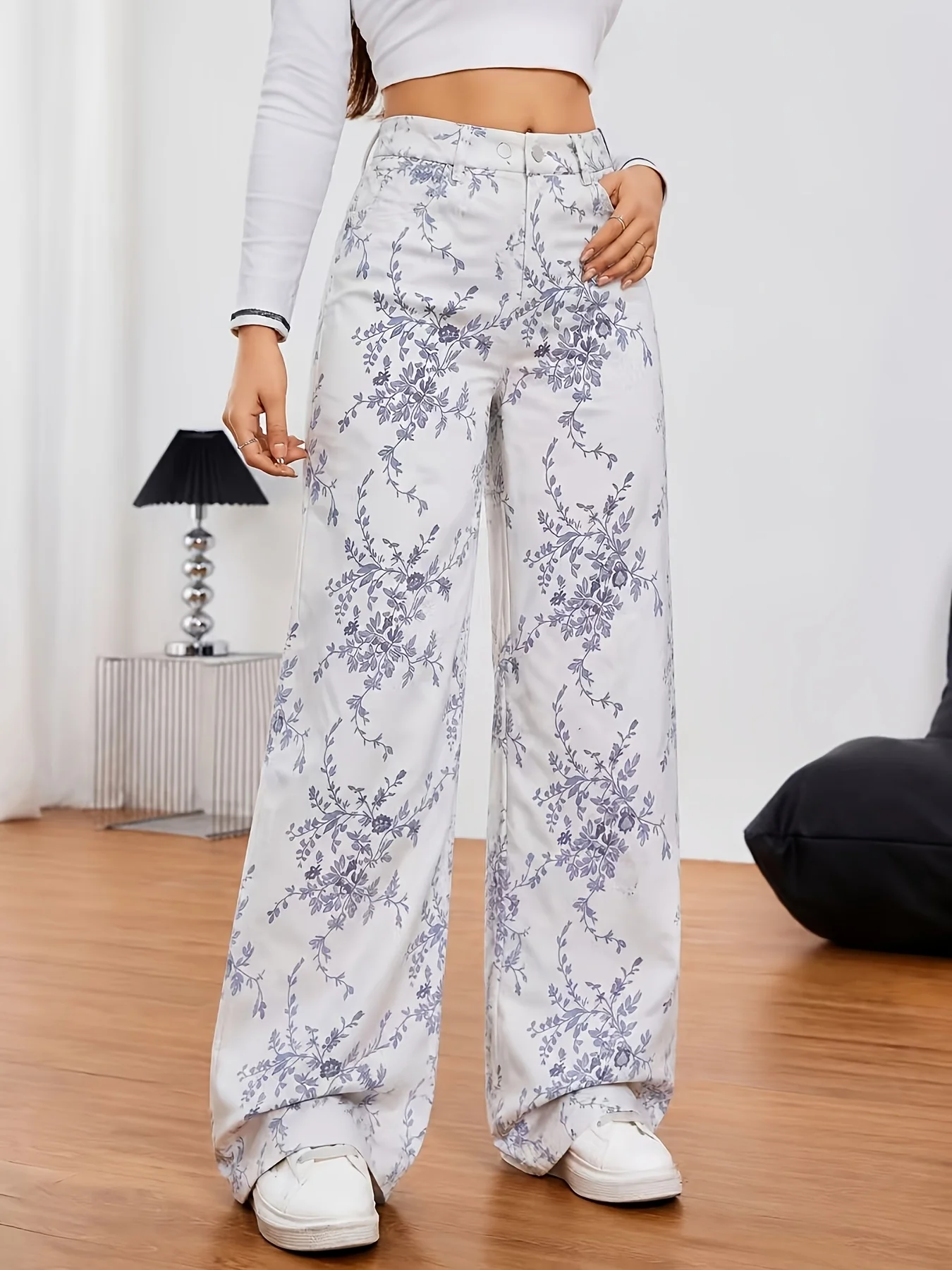 Women High Waist Loose Drape Floor Length Straight Wide Leg Jeans Autumn Winter French Light Blue Vine Floral Print Casual Long