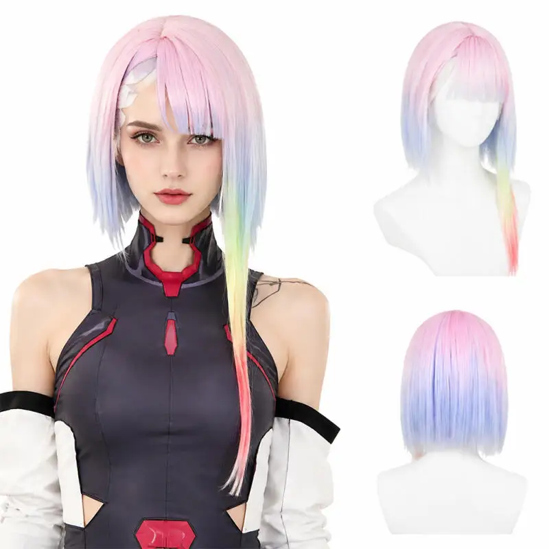 Peruca Sintética Bob Ombré Arco-Íris com Franja Reta, Resistente ao Calor, para Cosplay, Peruca de Cabelo Feminina para Festa de Halloween e Uso Diário