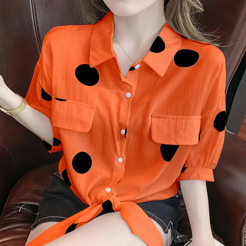 Fashion Lapel Loose Bandage Bow Polka Dot Shirt Women\'s Clothing 2023 Summer New Oversized Casual Tops Half Sleeve Korean Blouse