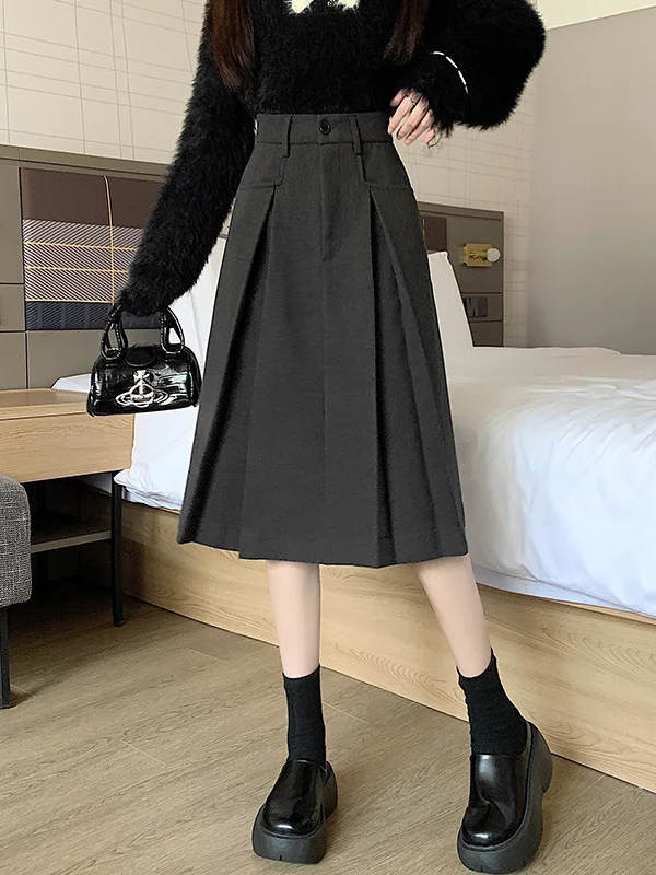 High Waist A-Line Midi Skirt Women's Winter Autumn New Woolen Skirt Casual Half-length Skirts Standard Fit Ladies Skirts