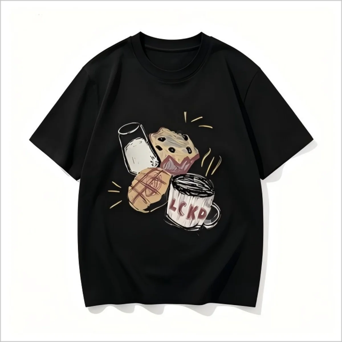 Sketch Coffee And Pastry Graphic T-Shirt, Hand Drawn Food Print Crew Neck Tee, Oversized Casual Aesthetic Short Sleeve Top