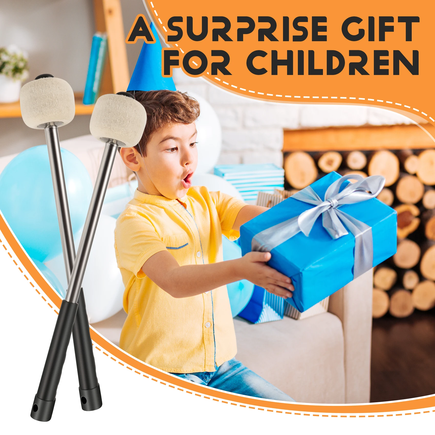 AC22 2 قطعة مطارق طبلة فولاذية 12.5 بوصة، أعواد طبلة من الصوف مع مقبض من الفولاذ المقاوم للصدأ، مطارق طبلة صوف مضادة للانزلاق