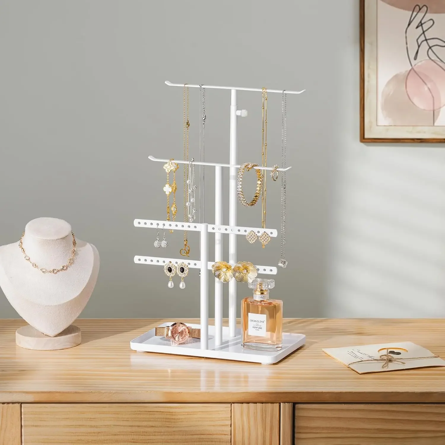 Jewelry Holder Organizer Stand - Adjustable Jewelry Hanger For Necklace Earrings Bracelets Rings Storage Shelf White Rings Rack