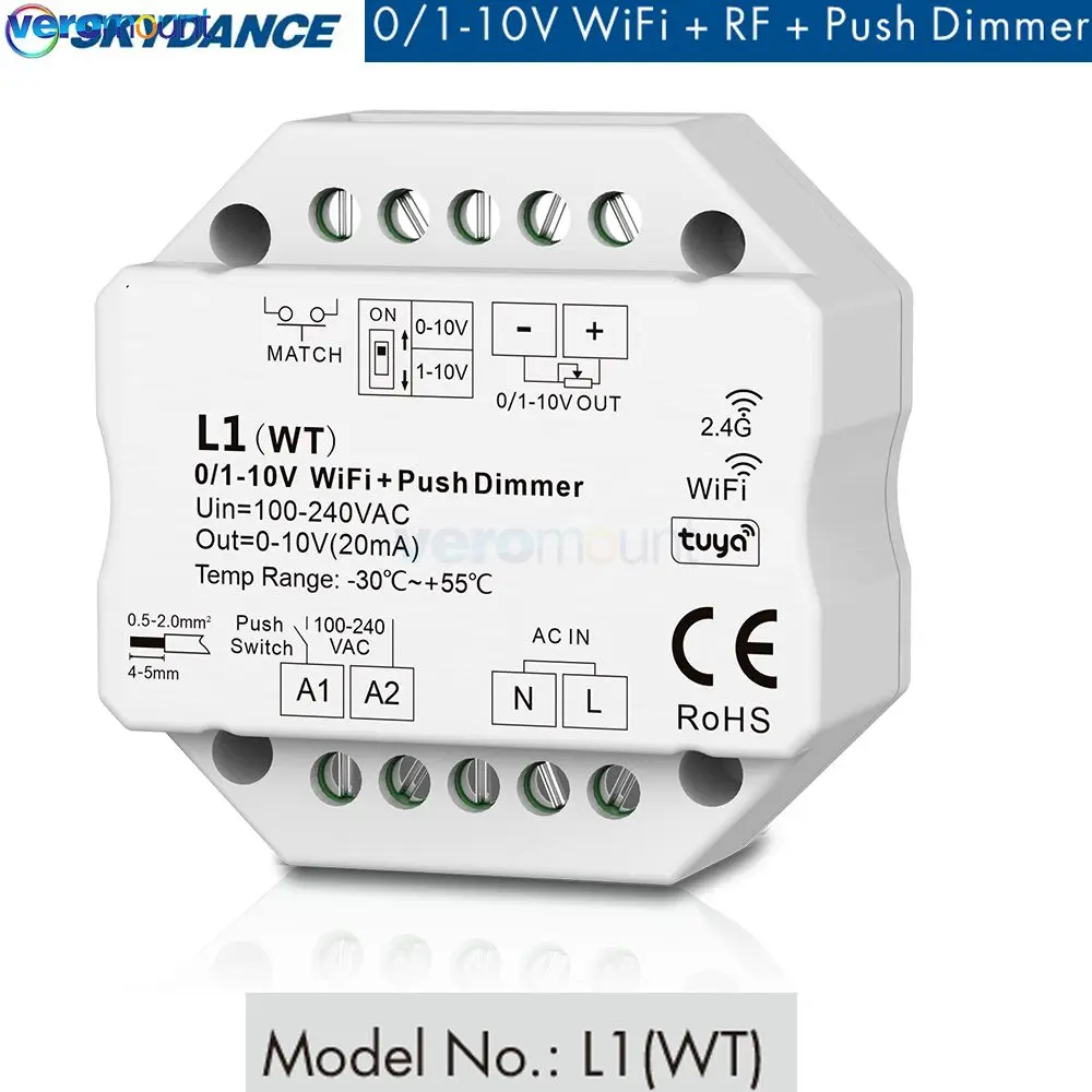 L1(WT) Skydance 0-10V WiFi RF Push Dimmer AC110V 220V 1CH Tuya APP Cloud on/off Controller DIP Switch per striscia LED monocolore