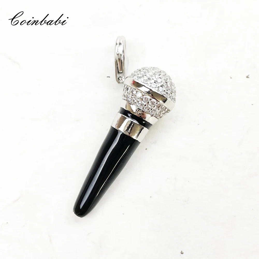 Pendant Black Microphone With White Zircon Stones  925 Sterling Silver Glam Jewelry Fit Necklace Vintage Gift For Women Man