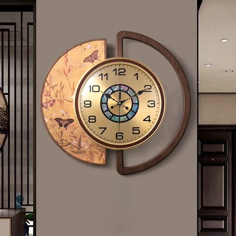 New Chinese Style Wooden Wall Clock Luxury Walnut Natural Shell Design Home Decor Living Room Study High-end Feeling Wall Decor