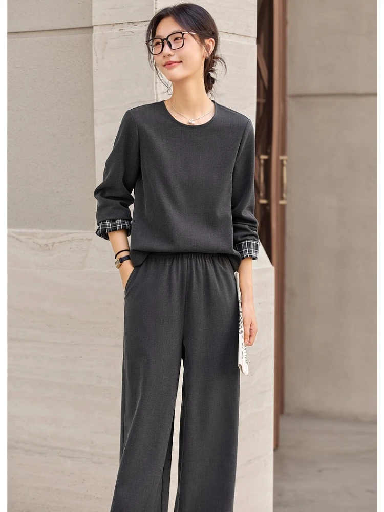 

VIMLY Grey Pants Set Woman 2 Piece Elegant Autumn 2025 Long Sleeve Plaid Cuff Round Neck Tees Wide Leg Pants Lady Suit Set A2578