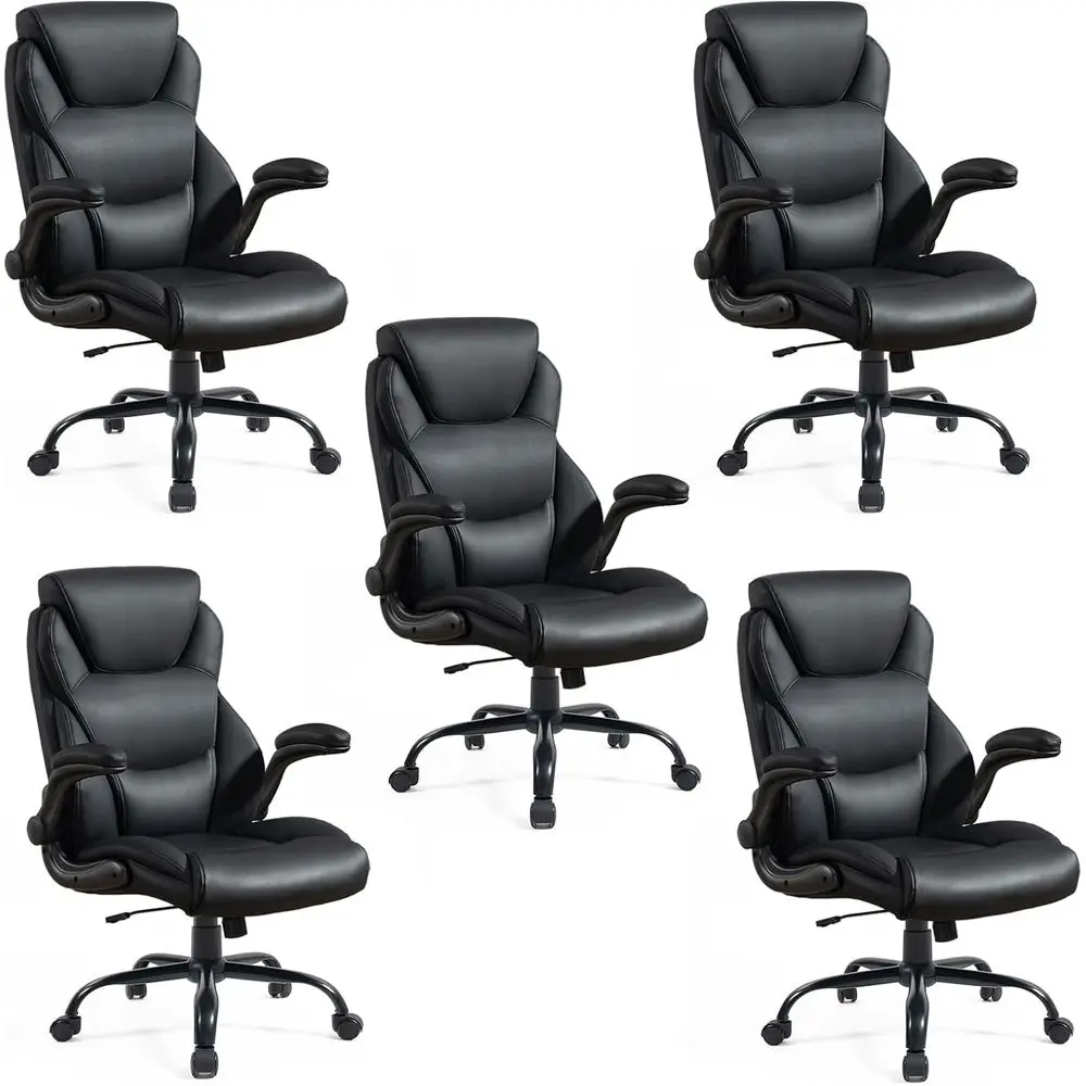 

Leather High-Capacity Office Chair with Padded Armrests, Swivel Ergonomic Desk Chair for Home or Office, Black, Set of 5