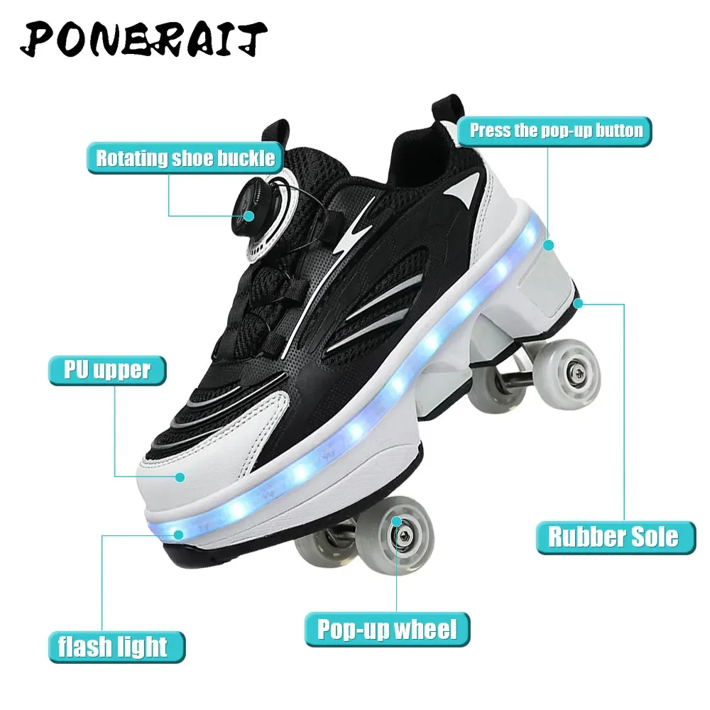 Men's Automatic Retractable Roller Shoes Unisex 4-wheel Roller Skating Shoes Fashion Dual-Purpose Sneakers With Wheels