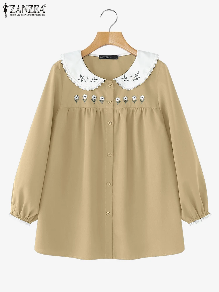 

ZANZEA Women Fashion Printed Tops Long Sleeve Shirts 2025 Autumn Peter Pan Collar Holiday Blouse Elegant Pleated Tunic Blusas