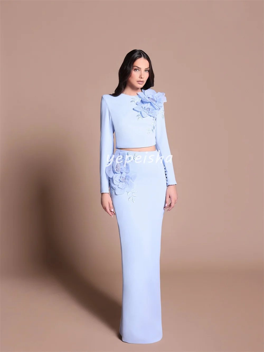 Personalizado clásico estilo moderno Jersey bordado rebordear flor hecha a mano recto cuello redondo vestidos largos vestidos de ocasión a medida