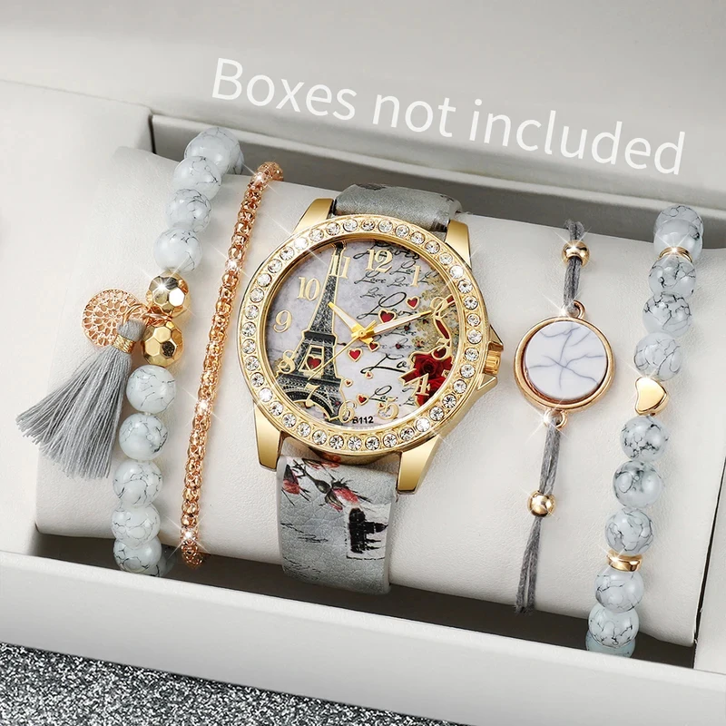 Fashion Rhinestone Women's Watch Flowers Printed Leather Band Female Quartz Watch Bracelets Set Luxury Woman WatchWithout Box