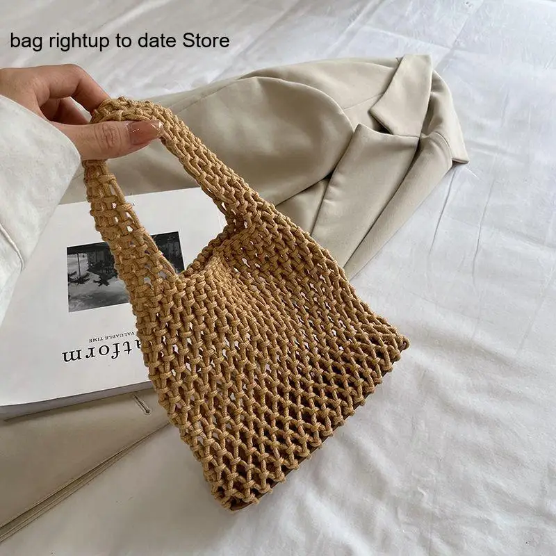Travel Cotton Rope Hollowed Out Fishing Net Hand Woven One Shoulder Hand-Held Beach Bag for Women In Summer
