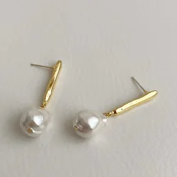 Minar High Quality Irregular Baroque Pearl Long Dangle Earrings for Women Mujer 14K Real Gold Color Copper Wedding Jewelry