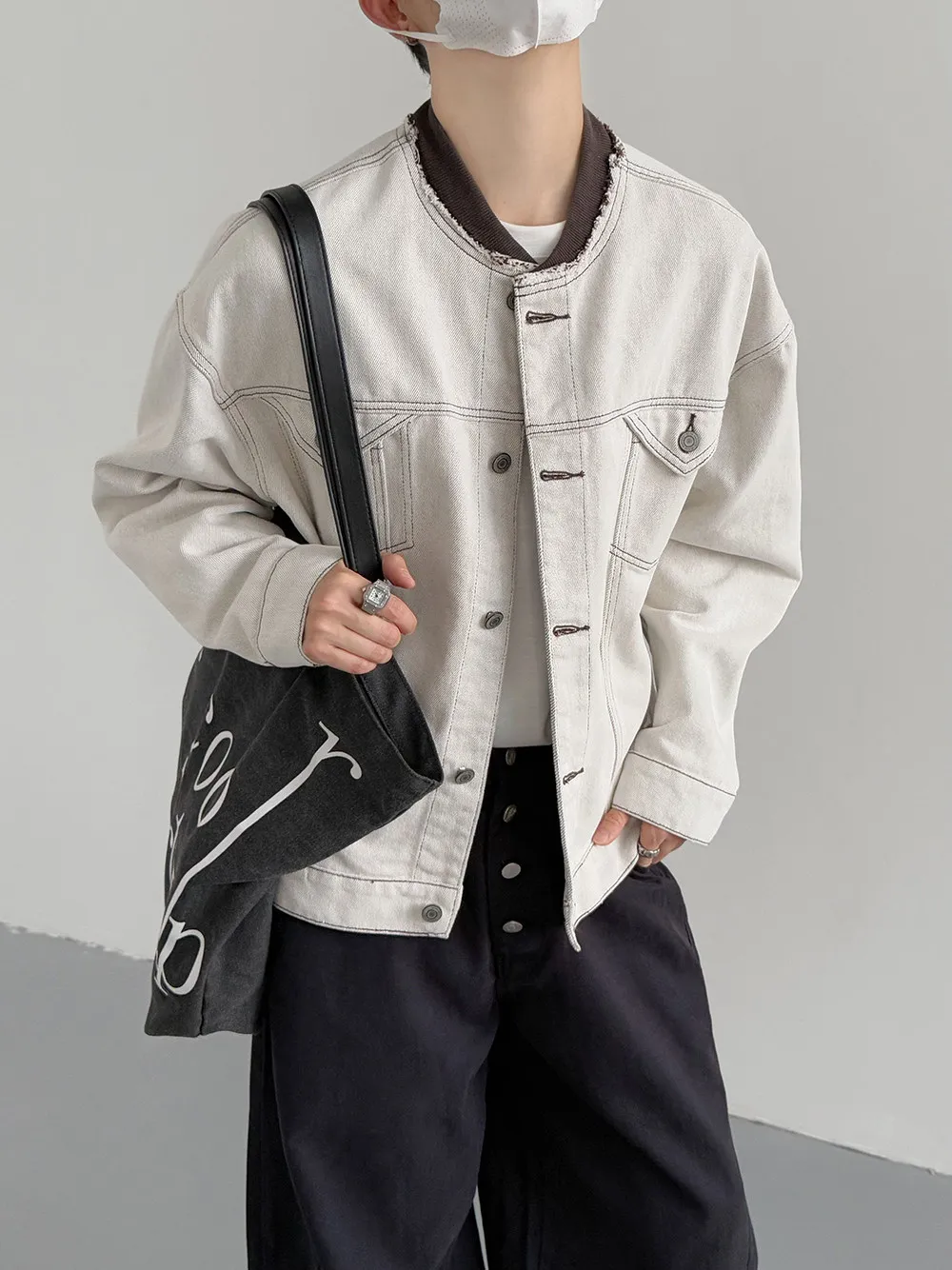 Men Washed Denim Jacket Spring Autumn Fashion Splicing Grey Cowboy Coat American Casual Retro Color Contrast Fringe Male Jackets view 2