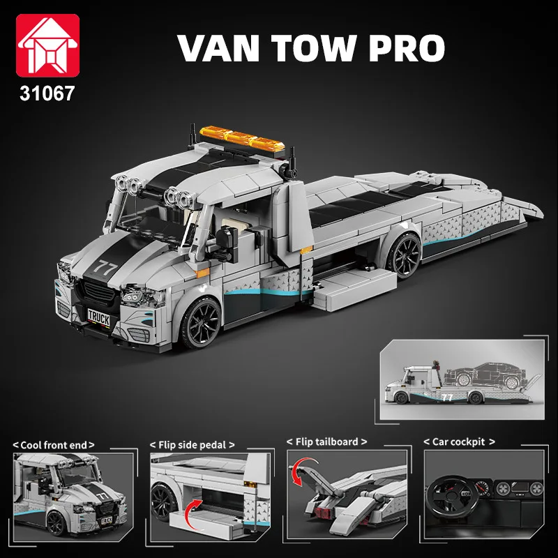 

672PCS Modified Flatbed Trailer MOC Building Blocks Model Small Particle Assembled City Car Transporter Tow Truck Toys 31067