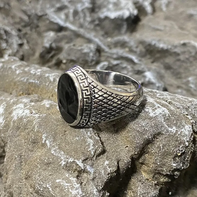 Classic Oval Weave Geometric Stainless Steel Rings Black Epoxy Gothic Mens Ring Jewelry Fashion Metal Party Vintage Wholesale