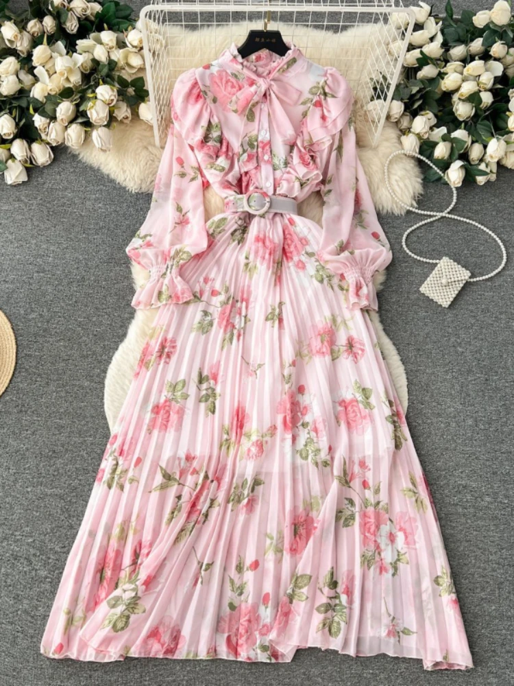 

Women Elegant Beach Vacation Party Dress Spring/Summer Pleat Long Print Chiffon Lantern Sleeves High Waist Loose Robe Vestidos